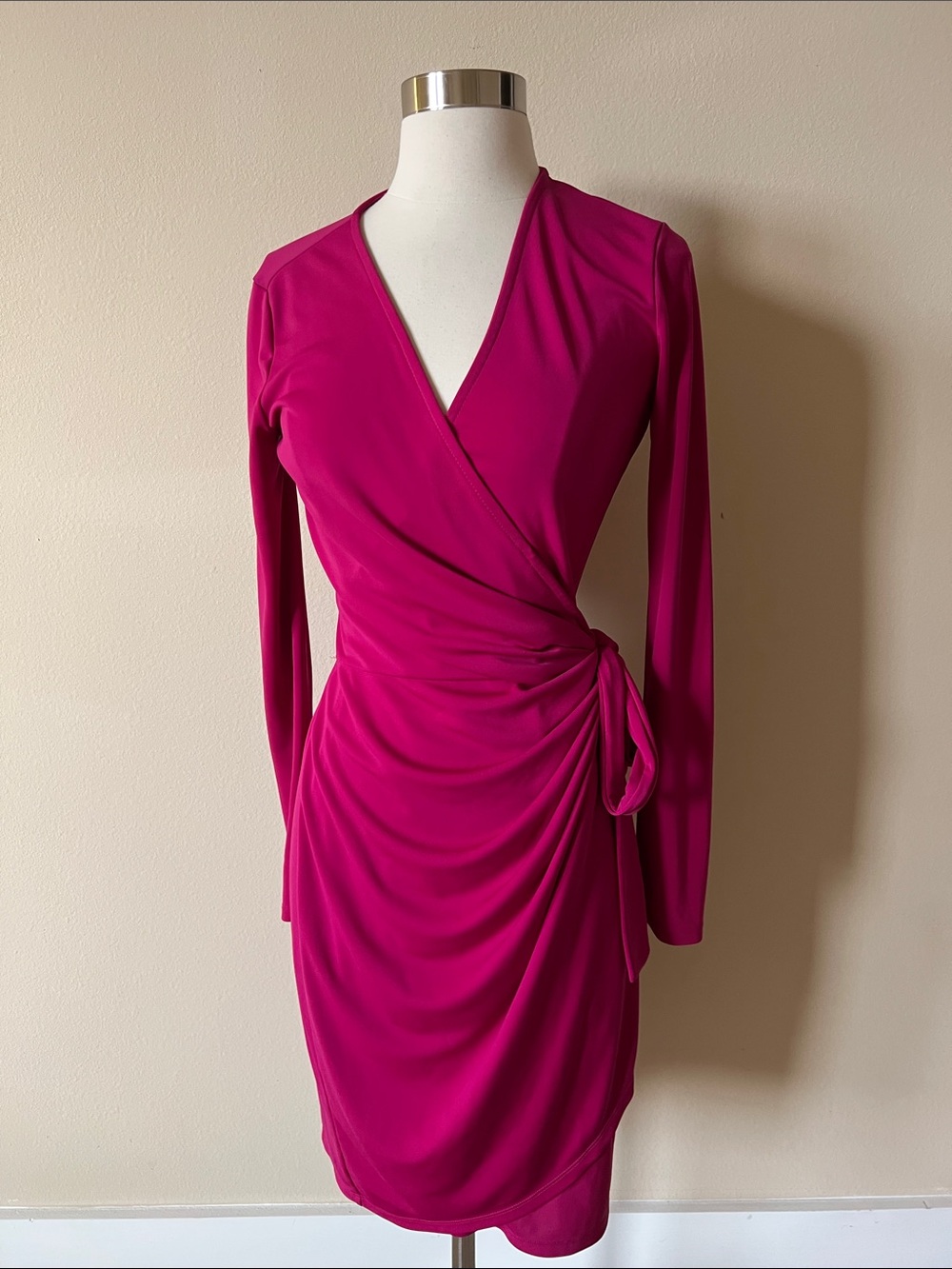 Fuchsia Wrap-Style Long Sleeve Dress